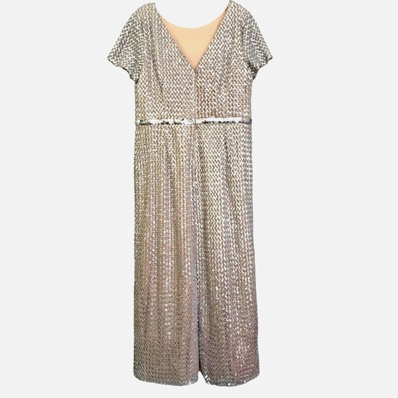 Nwot Adrianna Pappel Shortsleeve Silver Sequin Luxe Mesh/Tan Column Form… - Picture 5 of 17